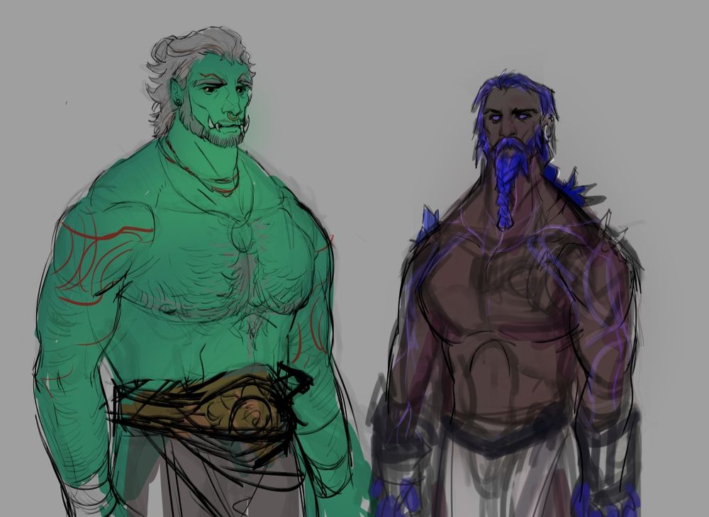 a sketch of two character. They are my OCs. On the left with green skin and bigger build and graying hair is Girish a yaksha druid. And on the right with vivid blue hair is Vivek an earth Genasi guardian.