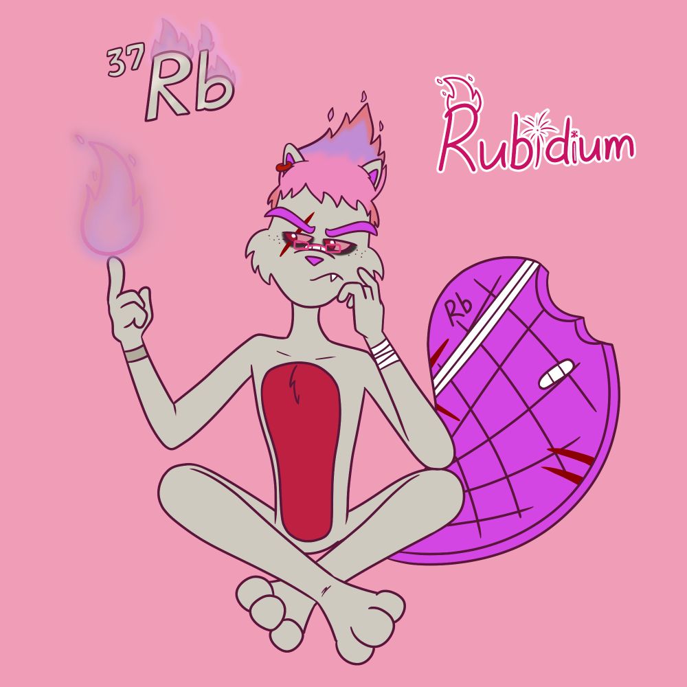 Rubidium: Short-tempered, ferocious that can create red-purple fire. He usually refuses to leave his house, unless there are some events (he works as a pyrotechnician for fireworks)

Color:
Silvery: Rubidium metal
Magenta, purple, red-pink: Flame test of Rb
Red (ear piercing): Bright red lines in Rb emission spectrum
Deep red (torso): Rubidium emission spectrum as plasma (https://www.youtube.com/watch?v=Xka3bM8Dfa8)
Purple: Rubidium Vapour lamp (http://www.lamptech.co.uk/Spec%20Sheets/D%20SP%20Osram%20Spectral%20Rb.htm)
