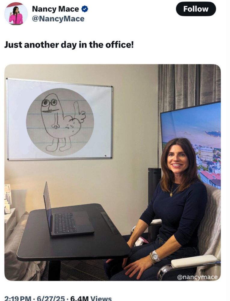just another day in the office! tweet from slimebag fascist nancy mace but the bullshit on her whiteboard is replaced with a drawing of dickbutt