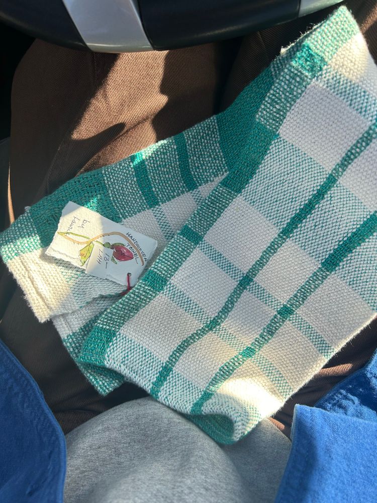 a teal and white plaid handwoven dish towel