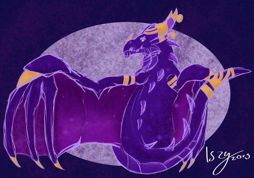 Artwork of the draogn known as Isilaithion. One wing is splayed out, whilst the other is stucked against his back. He is showing his back, with his head turned left. A tail is tucked to the right. 