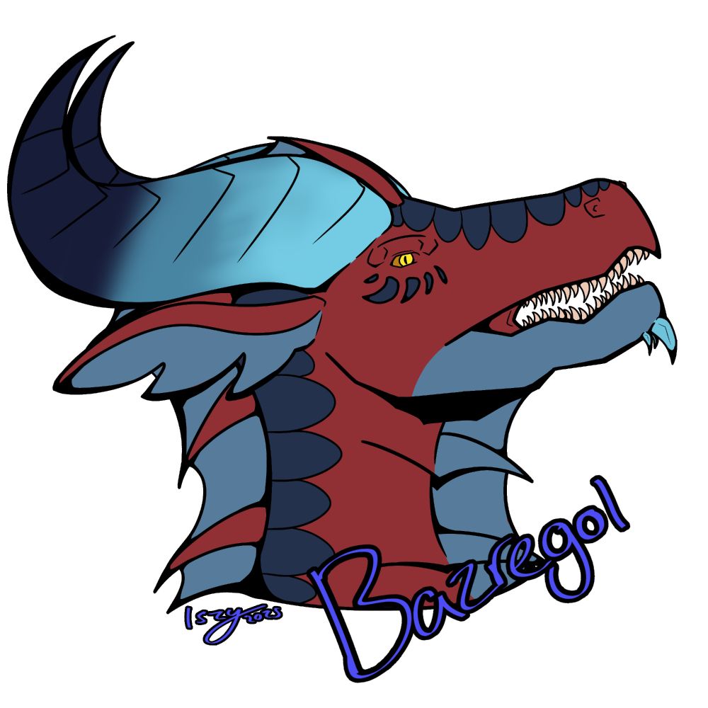 Artwork of the dracthyr known as Bazregol. He has red scales with dark blue highlights, blue turning to black horns, and an ear with blue highlands. His lower jaw and chest are also blue, with blue fins on the back of his head. His maw is slightly agape, and his head turned up. A light orange eye stares straight into the camera.