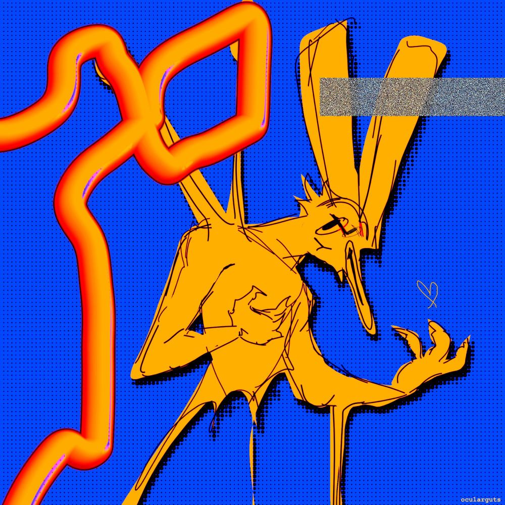 A digital artwork of an anthropomorphic rabbit with three eyes on the head. It is primarily orange, yellow, and blue in hues - with exaggeratedly abstract themes of comically stretches eyes. There are glitch effects and sketchy lines.
