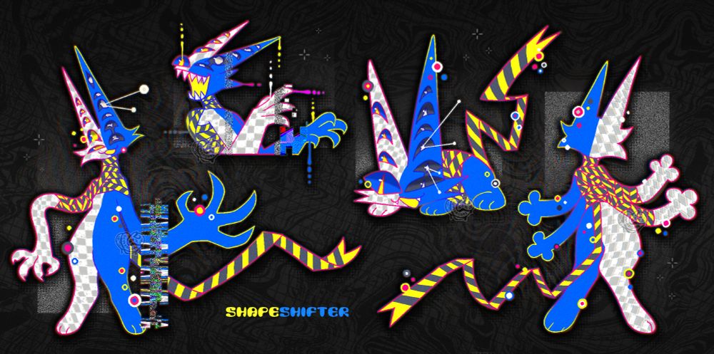 A character design sheet of an anthropomorphic cat. The right-side half of its body is colored blue. The left-side is a white and gray checkered pattern. There are computer glitch effects all over its body. A hazard tape wraps around its upper torso, leading to the backside, then outwards like a tail. Every front-facing artwork on this character sheet has a wide and playful grin, like a trickster of sorts.