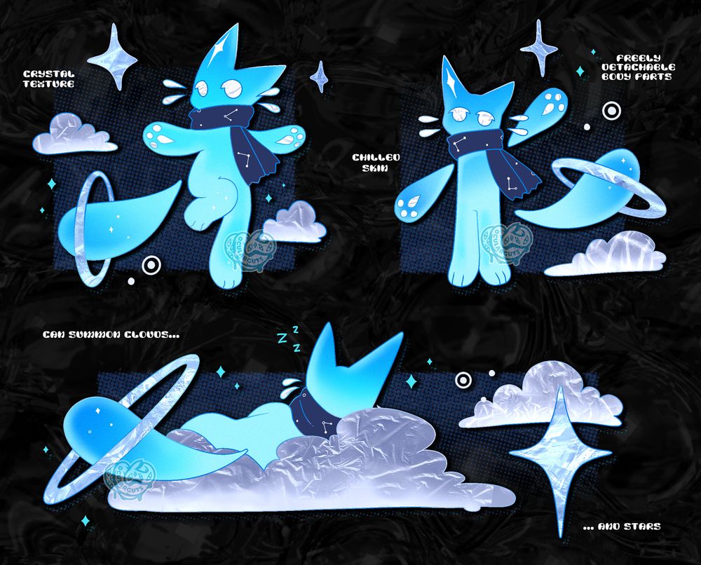 A digital artwork of an anthropomorphic feline character design sheet. They are primarily pale cyan with blue gradients, mimicking the chilled look of an ice cube. Their body is primarily short and mascot-esque, with the ability to have floating limbs and tail in the shape of a teardrop when detached. They have no mouth, but have two eyes and floating whiskers layered with a white paper texture. Sparkles, stars, and clouds often accompany them. They wear a dark gray scarf with constellation patterns on it. The background of the art piece is primarily black with subtle gray swirls.