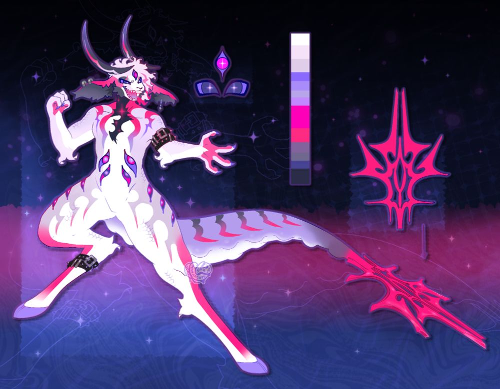 A digital artwork of an anthropomorphic goat creature. They have two crescent shaped horns, a third eye on their forehead (and multiple others on their midsection and thighs), as well as a tentacle tail ending on a sharp and intricately designed spade tail-tip. The character's colors are primarily pastel pinks, purples, and saturated crimson. They have scales and patterned bodily markings akin to the silhoette of centipede legs. They carry a playfully open-mouthed joyous grin to show off their sharp teeth, and have multiple silver piercings on their fluffy goat ears.