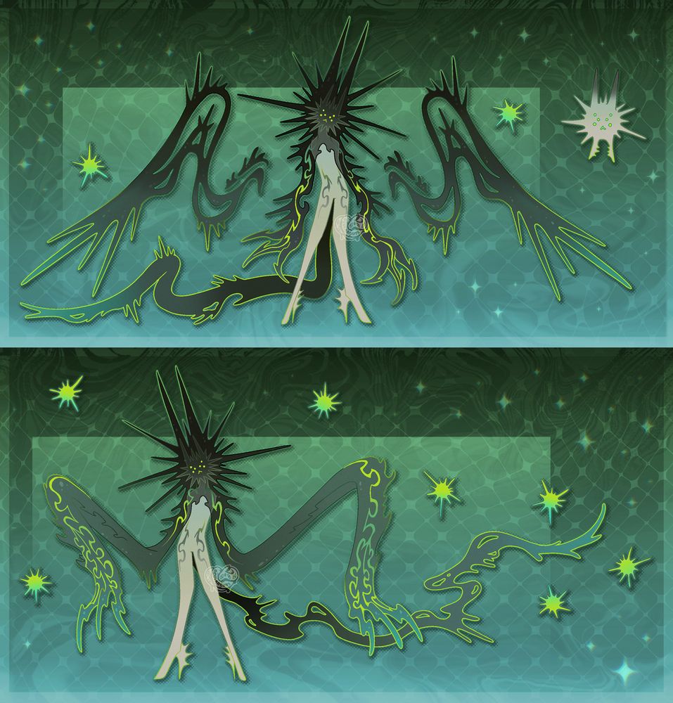 An anthropomorphic alien monster whose head is shaped to have multiple sharp spikes, resembling a fuzzy cat. It is partially covered in jelly slime that can morph into clawed pseudo-arms, wings, or tails. It is colored with various shades of green.