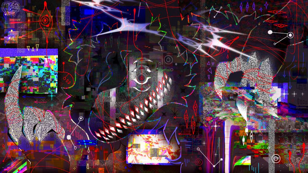 A digital banner artwork featuring a severely glitched out wolf monster. She is surrounded by static, website tabs with randomized burned textures, and polygonal symbols.