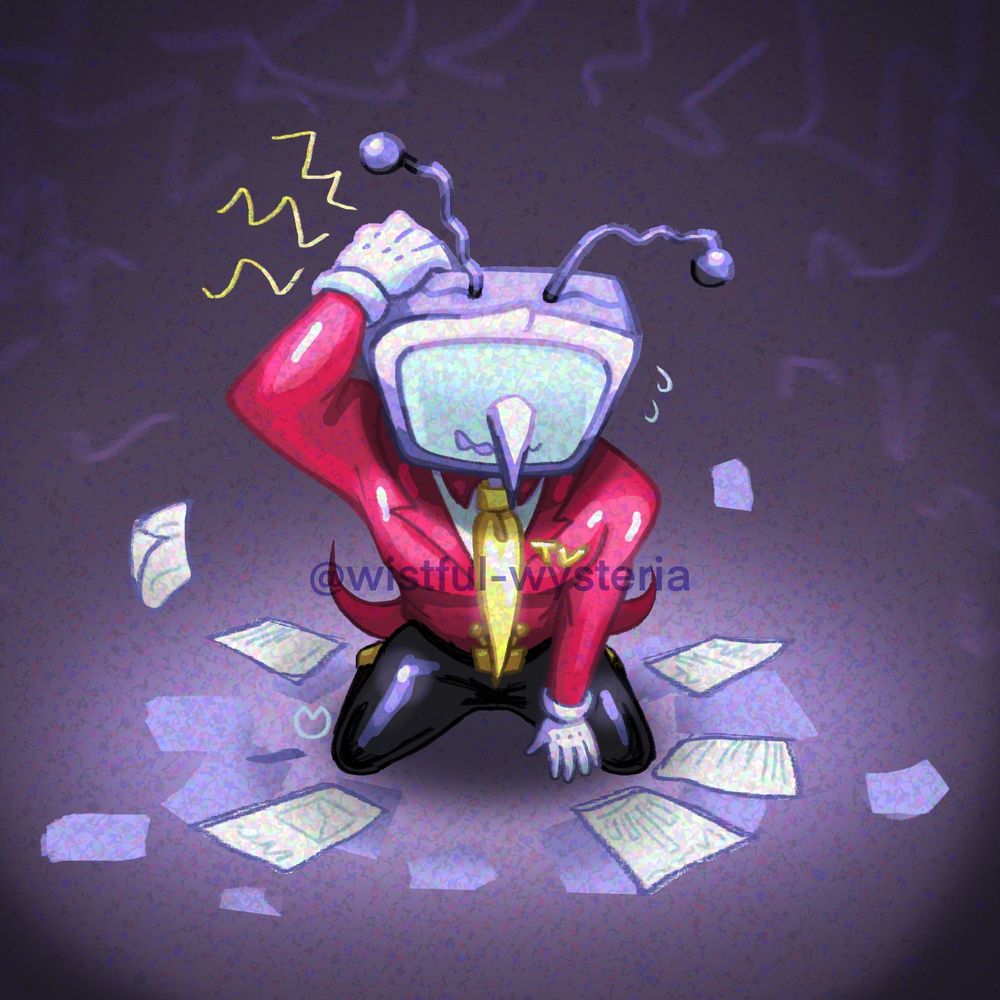 a fully colored and rendered digital drawing of tenna from deltarune. he’s crouched on the ground looking at all the papers he dropped and clutching his head. he looks nervous