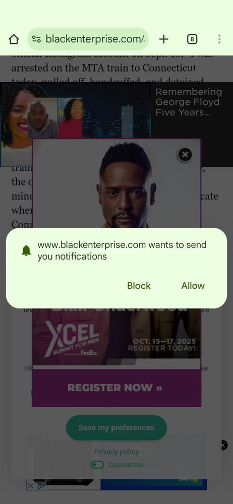 A website rendered completely unusable by two layers of ads topped by a pop-up asking to turn on notifications