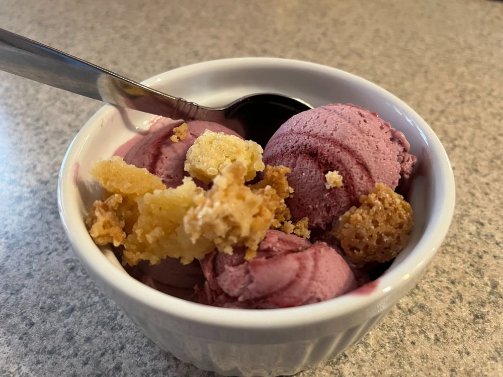 A dish of home-made lemon-black raspberry ice cream with lemon bar crust crumbled on top. 😋😋😋