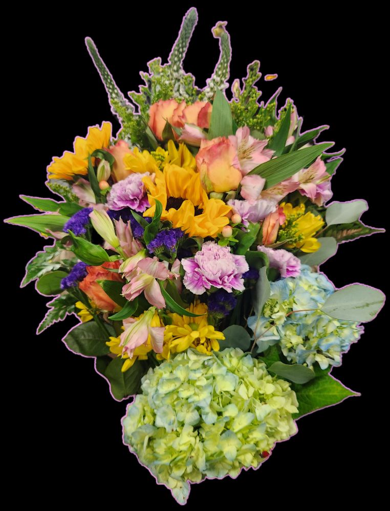 Enormous presentation-style (Miss America-style) floral bouquet including hydrangea, daisy poms, alstroemeria, statice, carnations, sunflowers, roses, lysianthus, and eucalyptus