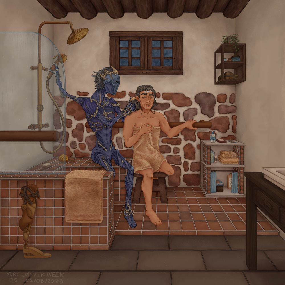 Post-canon fem!Jayce and arcane herald fem!Viktor on a bathroom in their cabin. 

Vik has grey hair and wrinkles on the remaining human sides of their face, Jayce too has greying hair and she has her left leg amputated above the knee. 

They're sitting, Vik is drying Jayce's hair with a towel and putting the shower head on it's place with the hexclaw.

The bathroom is tiled, and Jayce's prosthesis is leaning on the bathroom. 