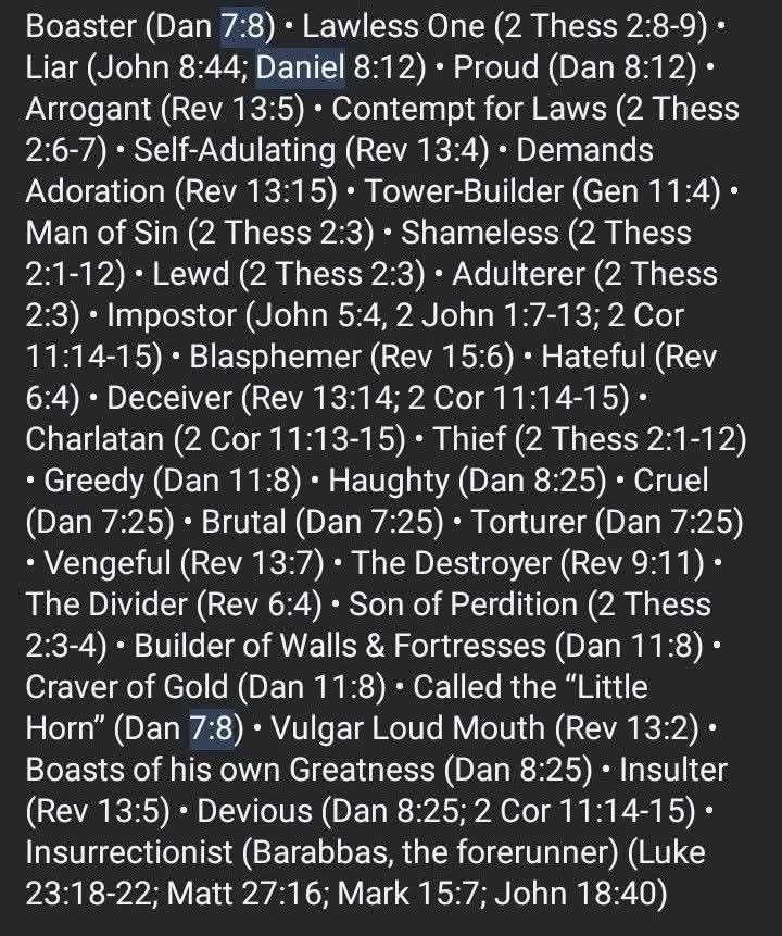 Trump is a perfect match for how the Bible describes the Antichrist. Boaster (Dan 7:8) • Lawless One (2 Thess 2:8-9) • Liar (John 8:44; Daniel 8:12) • Proud (Dan 8:12) • Arrogant (Rev 13:5) • Contempt for Laws (2 Thess 2:6-7) • Self-Adulating (Rev 13:4) • Demands Adoration (Rev 13:15) • Tower-Builder (Gen 11:4) • Man of Sin (2 Thess 2:3) • Shameless (2 Thess 2:1-12) • Lewd (2 Thess 2:3) • Adulterer (2 Thess 2:3) • Impostor (John 5:4, 2 John 1:7-13; 2 Cor 11:14-15) • Blasphemer (Rev 15:6) • Hateful (Rev 6:4) • Deceiver (Rev 13:14; 2 Cor 11:14-15) • Charlatan (2 Cor 11:13-15) • Thief (2 Thess 2:1-12) • Greedy (Dan 11:8) • Haughty (Dan 8:25) • Cruel (Dan 7:25) • Brutal (Dan 7:25) • Torturer (Dan 7:25) • Vengeful (Rev 13:7) • The Destroyer (Rev 9:11) • The Divider (Rev 6:4) • Son of Perdition (2 Thess 2:3-4) • Builder of Walls & Fortresses (Dan 11:8) • Craver of Gold (Dan 11:8) • Called the “Little Horn” (Dan 7:8) • Vulgar Loud Mouth (Rev 13:2) • Boasts of his own Greatness (Dan 8:25) • Insulter (Rev 13:5) • Devious (Dan 8:25; 2 Cor 11:14-15) • Insurrectionist (Barabbas, the forerunner) (Luke 23:18-22; Matt 27:16; Mark 15:7; John 18:40)