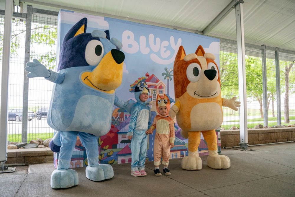 Small children in Bluey and Bingo costumes meeting the "real" Bluey and Bingo 
