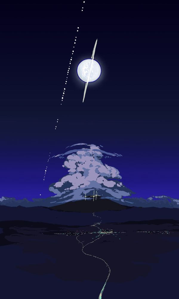 A view from a low-altitude flier on Snohualmy, a terraformed mars-mass moon of the ringed waterworld Rainier. On the plains in the foreground is a small city, and in the distance a statovolcano is wreathed in towering cumulonimbus clouds. Scattered light from communications laser installations around the mountain's summit is visible. A band of habitats and infrastructure in the moon's low orbit crosses the sky.