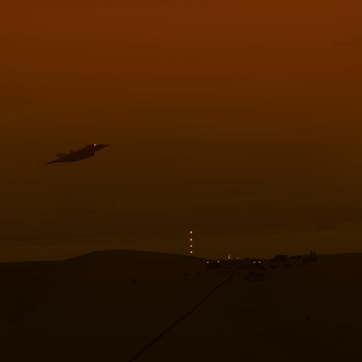 Beneath a sodium-orange sky, a fighter jet overflies an industrial complex.