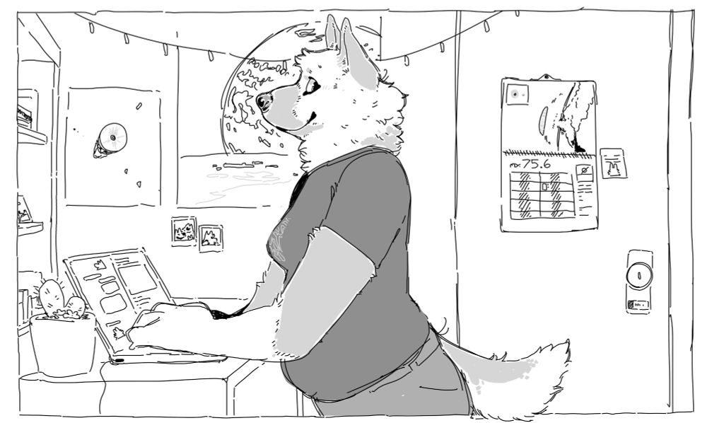 anthropomorphic alsatian woman using a laptop computer in a small bedroom. walls behind her have posters showing an orion drive spacecraft and a settlement on a gas giant moon, and a calendar depicting an aerial lens scoring a canyon into the surface of an exoplanet.