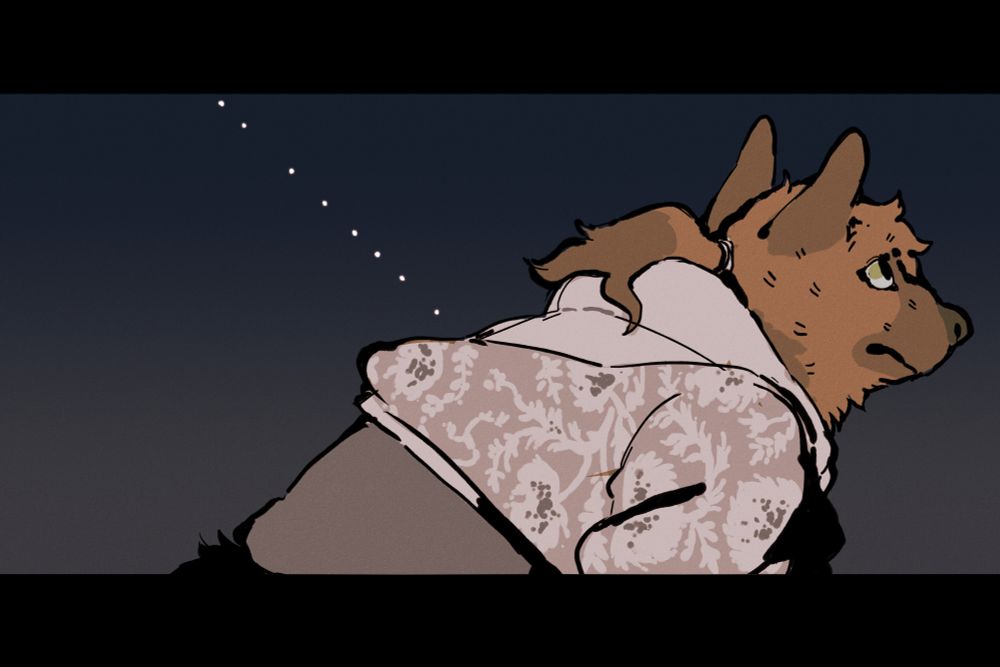 A close-in shot. In the twilight, an anthropomorphic dog woman leans over a balcony, looking pensive. Behind her in the evening sky is a constellation of large satellites - a straight line of bright specks crossing the sky, airline-like.