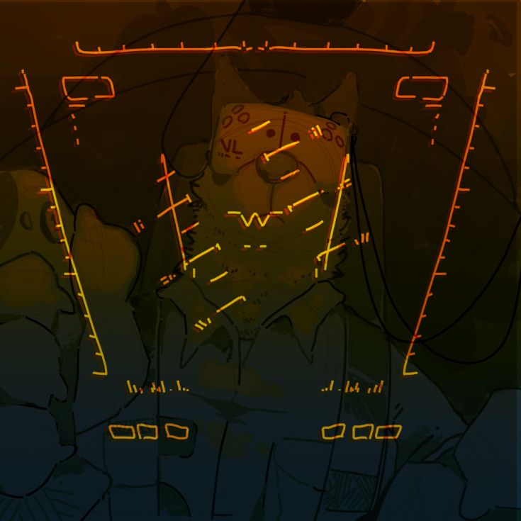 The pilot of a fighter jet sits in a windowless cockpit. They are wearing a virtual reality headset, grasping the control stick. They appear to be tense, a slight frown crossing their muzzle. Waiting for something?
