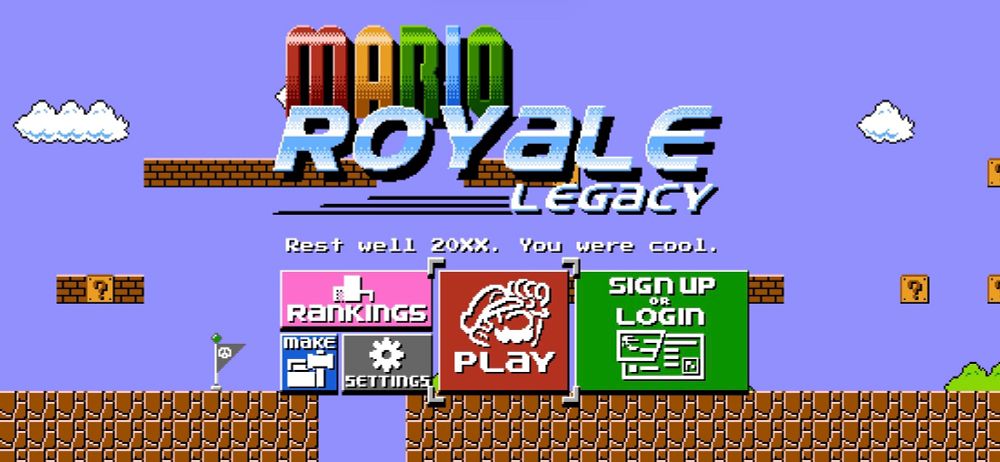 New Main Menu for the game Mario Royale Legacy. The game logo is on the top, beneath it is splash text reading: „Rest well 20XX. You were cool.“. Under the splash text are buttons (left to right): Rankings, Make, Settings, Play, Sign up or Login