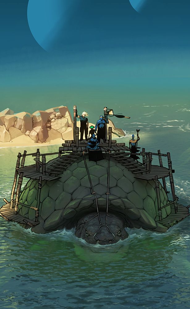 Cette vignette de la bande dessinée "Aquablue" dépeint un groupe de personnages se tenant debout sur une structure de bois rustique, assemblée sur le dos d'une immense tortue marine. La tortue nage à la surface de l'eau, avec juste sa tête émergeant, tandis qu'un ciel clair (il est pas clair, mon ciel, il est représenté par un mystérieux ton bleu désaturé qui contraste avec les rochers frappés par un soleil rasant à la lumière chaude !)  Une grande lune en arrière-plan complète cette scène paisible mais intrigante.