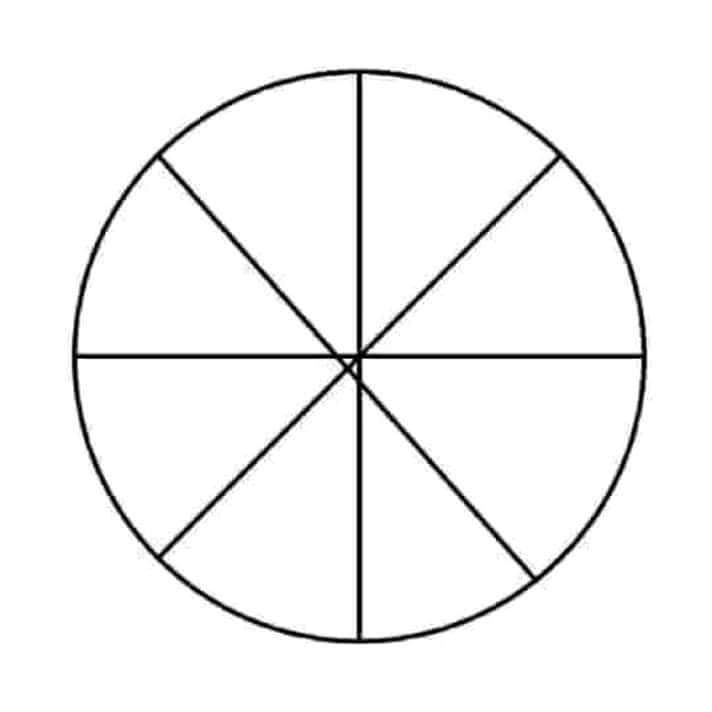 Ein Kreis, der in acht Achtel geteilt ist. Zwei Linien treffen sich allerdings links vom Zentrum des Kreises, es sieht sehr unschön aus