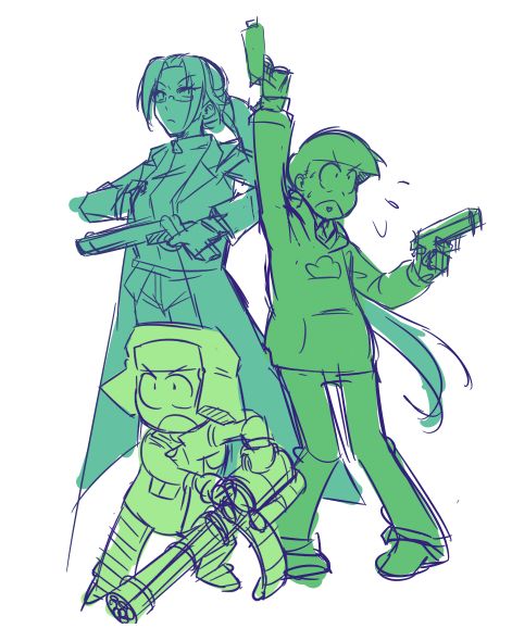 sketch of ryoko tanbo , choromatsu matsuno, and kyle broflovski having a good time with weapons 