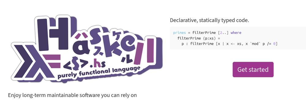 The haskell.org frontpage with an alternative logo that resembles the style used by the VTubing community.