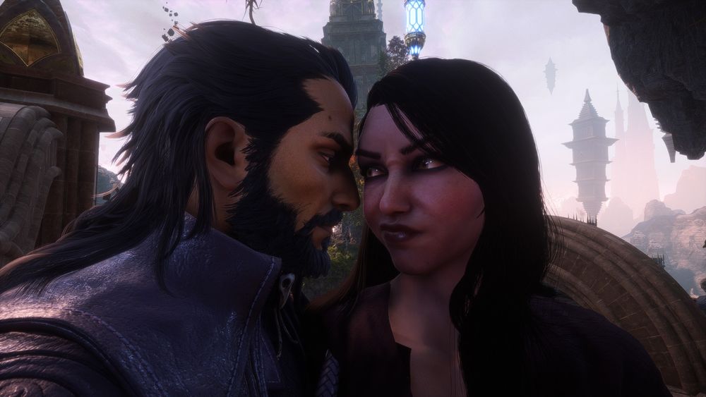 Lucanis's face is very close to Katia's. She has a scowl on her face. 