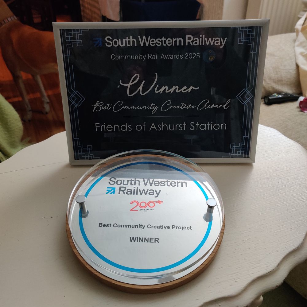 Winner's plaque and certificate, awarded to the Friends Of Ashurst Station for the Best Community Creative Project for the 16.5m  Ashurst Train Station mural.