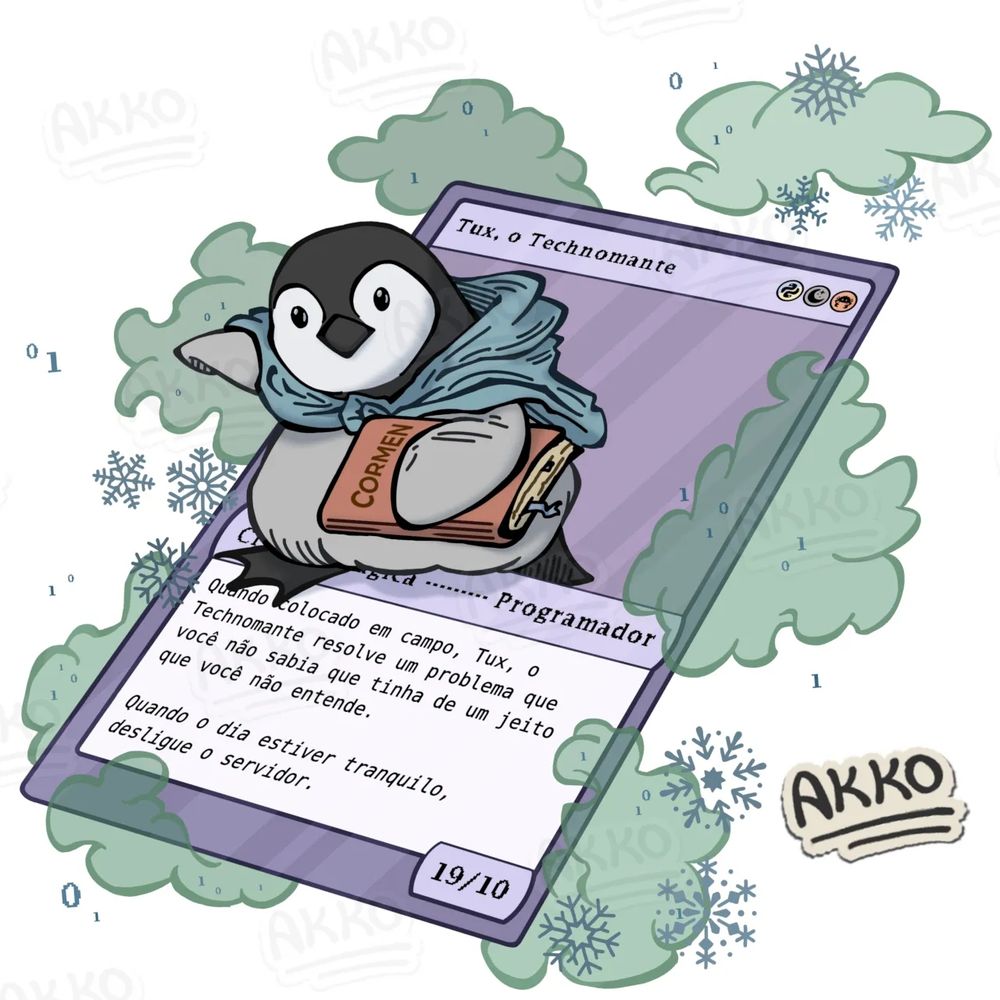 desenho digital de um pinguim (em referência ao pinguim do Linux) saindo de uma carta roxa no estilo de Magic the gathering, trajando uma capa azul e segurando um livro vermelho com o título 