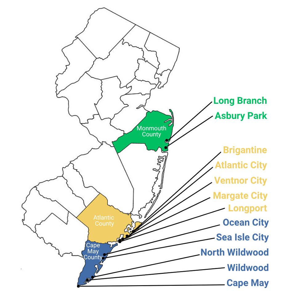 Map of New Jersey with Long Branch and Asbury Park in Monmouth County; Brigantine, Atlantic City, Ventnor, Margate, Longport in Atlantic County; and Ocean City, Sea Isle City, North Wildwood, Wildwood, and, Cape May in Cape May County.