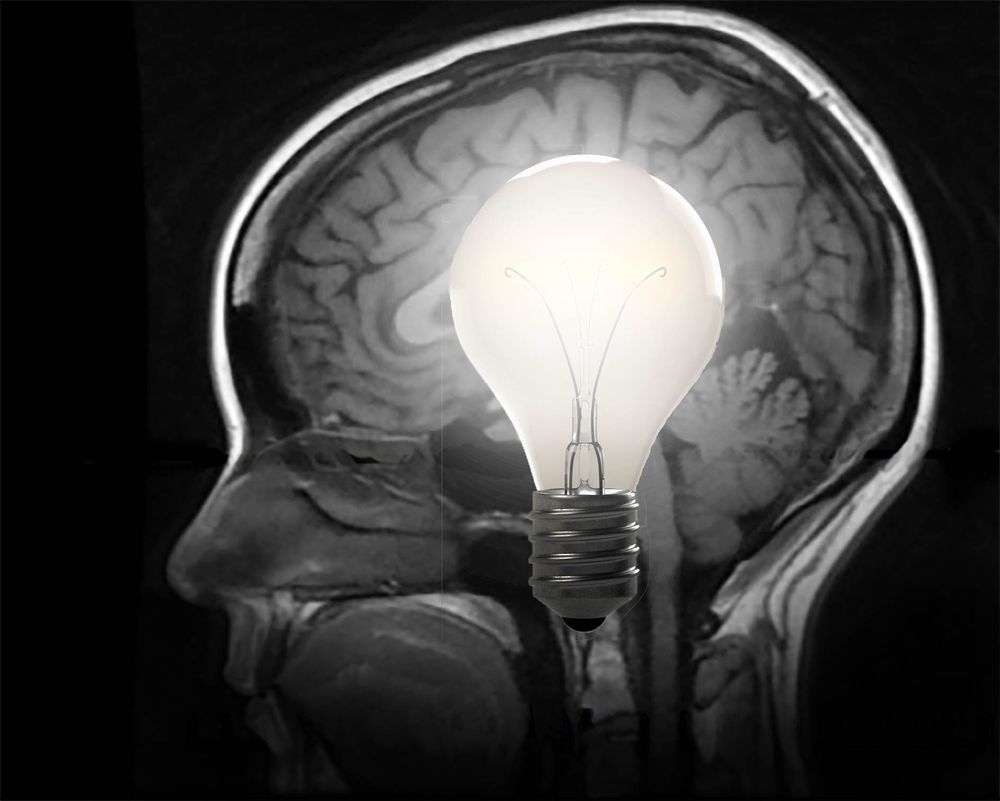 An MRI of a brain with a lightbulb superimposed.