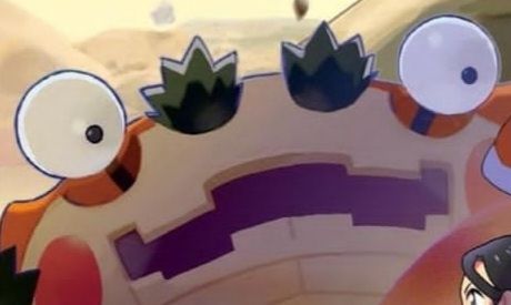 Screenshot of Klawf from Pokemon looking terrified