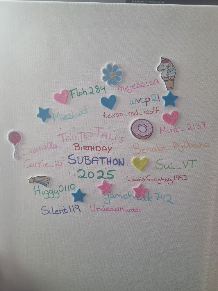 A canvas with TaintedTali's birthday subathon 2025 at the center, and the names of various viewers and stickers surrounding it