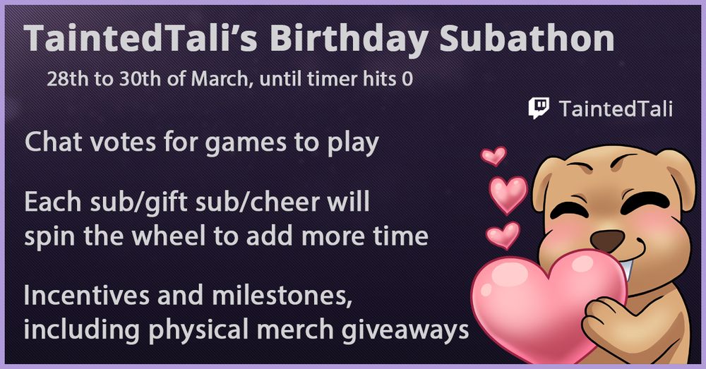 A small poster for Tali's birthday subathon. The poster mentions the dates 28th to 30th of March, and that chat will be voting for the games played, sub/gifts/cheers will spin a wheel to add time and that there is incentives and milestones available, including physical merch giveaways. The Twitch channel is TaintedTali.