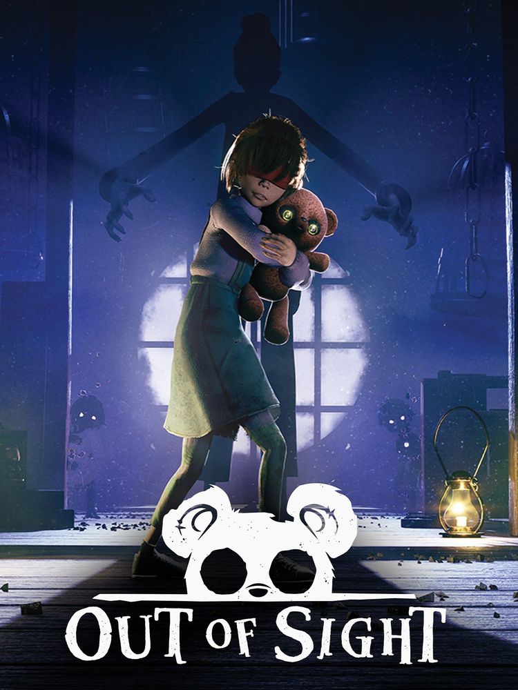 The keyart for Out of Sight. A little girl with a blindfold is tightly hugging her teddy bear, while a looming shadow is creeping up behind her.