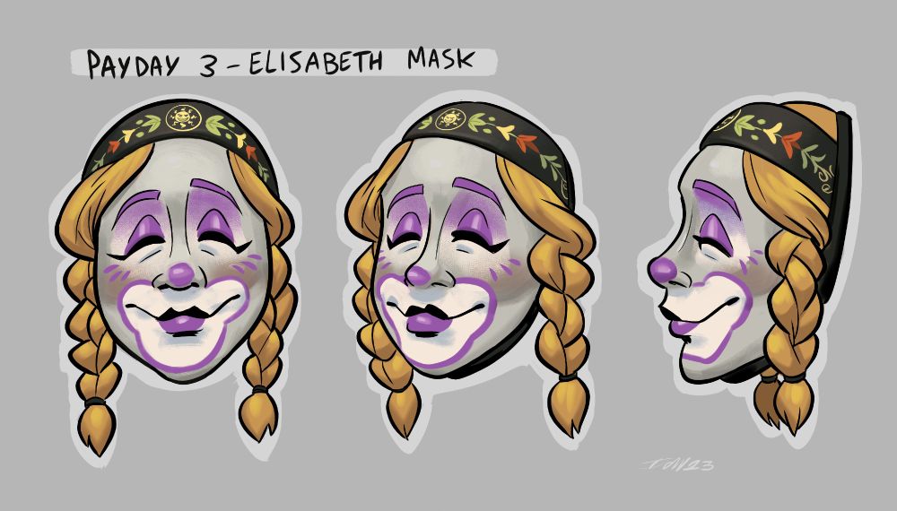 Concept art for the PAYDAY 3 Elisabeth mask. Shows three different angles for a mask of a woman with blonde braids, purple clown makeup and a traditional Norwegian headband.