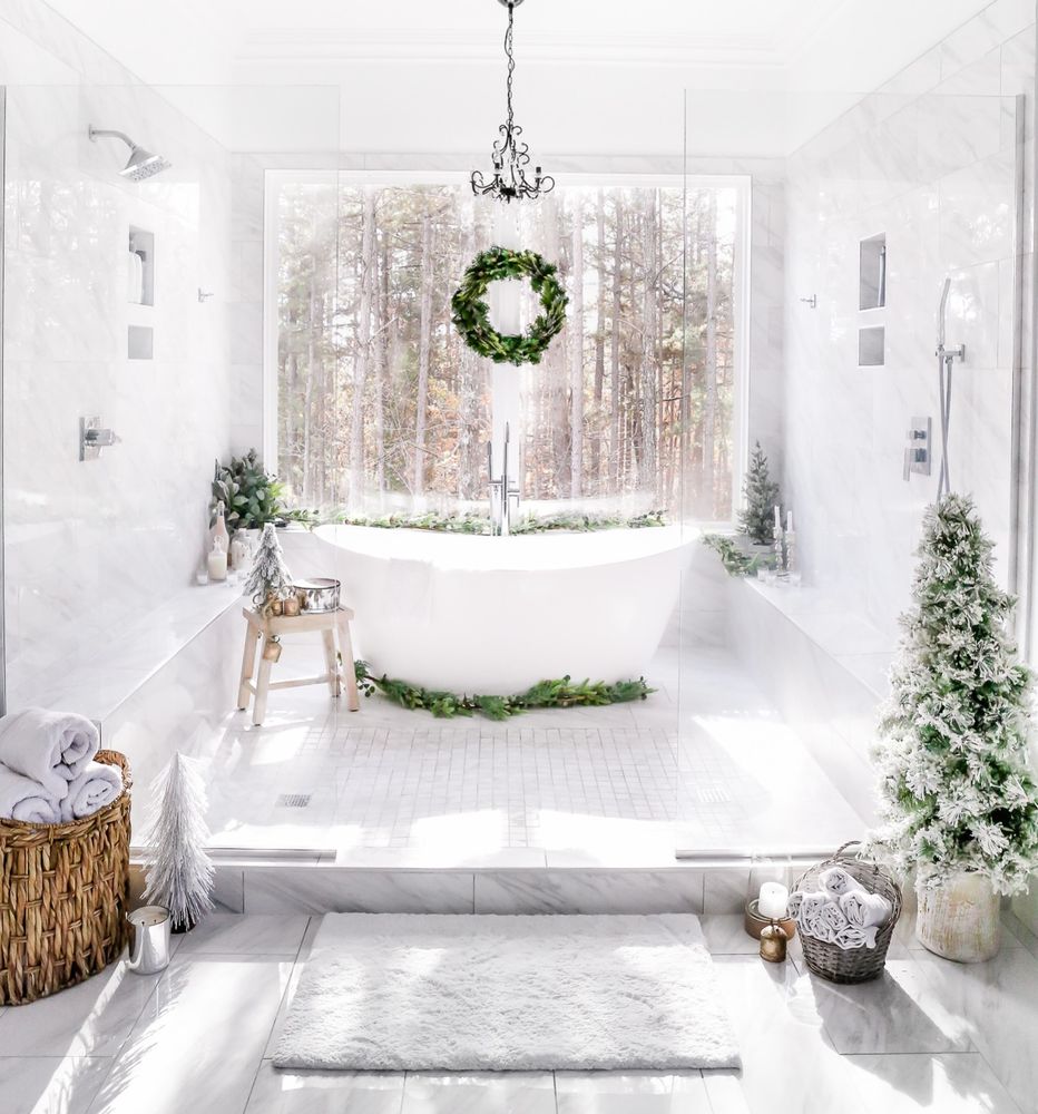 Christmas bath shower wreath snow garland pine window white tile winter towels basket tree flocking bath mat green changelier.