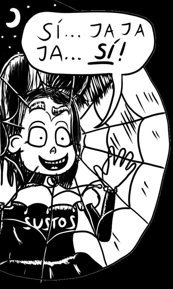 Frankelda, but in the Sickos meme, saying "Sí... Ja ja ja... Sí!, looking out through the spider-web window with Sustos written on her dress.