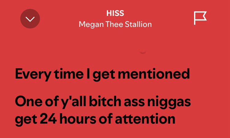 “HISS” lyrics by Megan Thee Stallion. Text says “Every time I get mentioned, One of y’all bitch ass niggas get 24 hours of attention”. Background is red. Text is in bold black font.