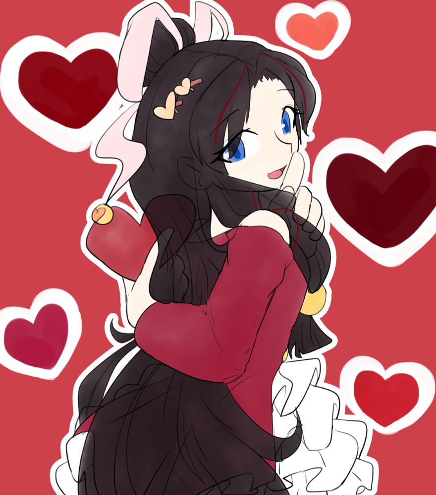 Drawing of Enmusubi from Onmyoji posing by showing us her right side of her back and moving her right arm behind her back, holding a paper heart. Her left hand has her index finger raised to press her lips and she is smiling and looking to the camera.