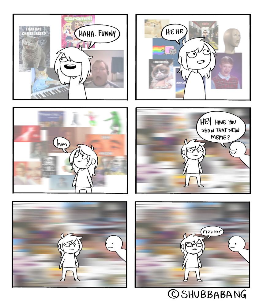 The image is a six panel black and white comic. The first panel shows a young girl with messy hair looking around as a few notable memes from the early 2000's hover behind her, such as "keyboard cat" and "caramelldansen". The girl is saying "haha. Funny."   In the second panel the same girl, slightly older now, looks around as more memes from the early 2010's slowly move past behind her, such as "nyan cat" and "doge" and other notable memes. She is saying "hehe"   Panel three is zoomed out a bit more, showing more of the woman, now with even more memes from the late 2010's moving quickly behind her, significantly blurred. She is less enthusiastic now, saying only "hm".   Panel four now shows her in the middle of the panel, bewildered as many memes from 2020-2024 whiz past behind her at a speed that has the images almost completely blurred. A second humanoid figure from the right leans in and says "Hey, have you seen that new meme?"  Panel five shows a similar image, now with the girl looking around at the memes behind her in thought.  In panel six she looks back to the figure to the right and simply utters "rizzler."
