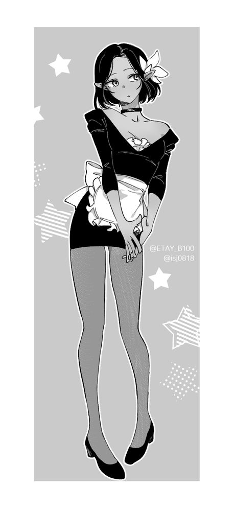 A black and white drawing of a young elf woman with short black hair wearing a maid dress. It is low cut, off the shoulders, with ruffles over her small bust and a short skirt and white apron. She is wearing pantyhose and short heels. There is a white flower in her hair, she is wearing a choker necklace, and she looks unsure of herself but curious.

The character is Mitt and belongs to bsky user nvrogue.