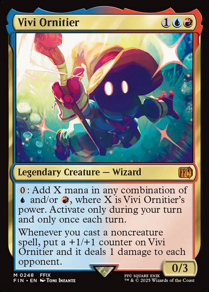 Vivi Ornitier
{1}{U}{R}
Legendary Creature — Wizard

{0}: Add X mana in any combination of {U} and/or {R}, where X is Vivi Ornitier’s power. Activate only during your turn and only once each turn.

Whenever you cast a noncreature spell, put a +1/+1 counter on Vivi Ornitier and it deals 1 damage to each opponent.

0/3
Illustrated by Toni Infante