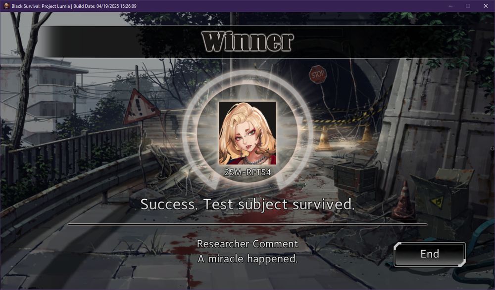 a screenshot of the win screen in black survival project lumia. a blonde hair character icon is depicted at the center, surrounded by a white halo. text below reads: Success. Test Subject survived.  Researcher Comment: A miracle happened. Text header reads: Winner.