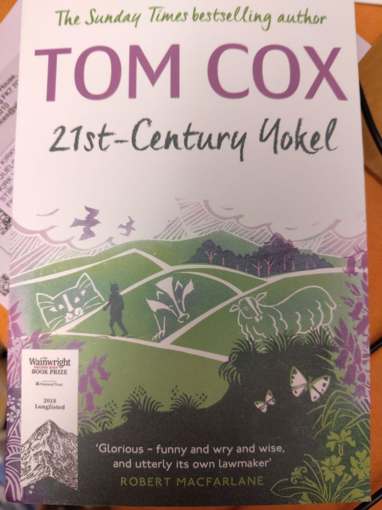 Cover of Tom Cox's book 21st Century Yokel. Featuring white sky, green hills with chalk cat, badger and sheep figures (illustration by Clare Melinsky).