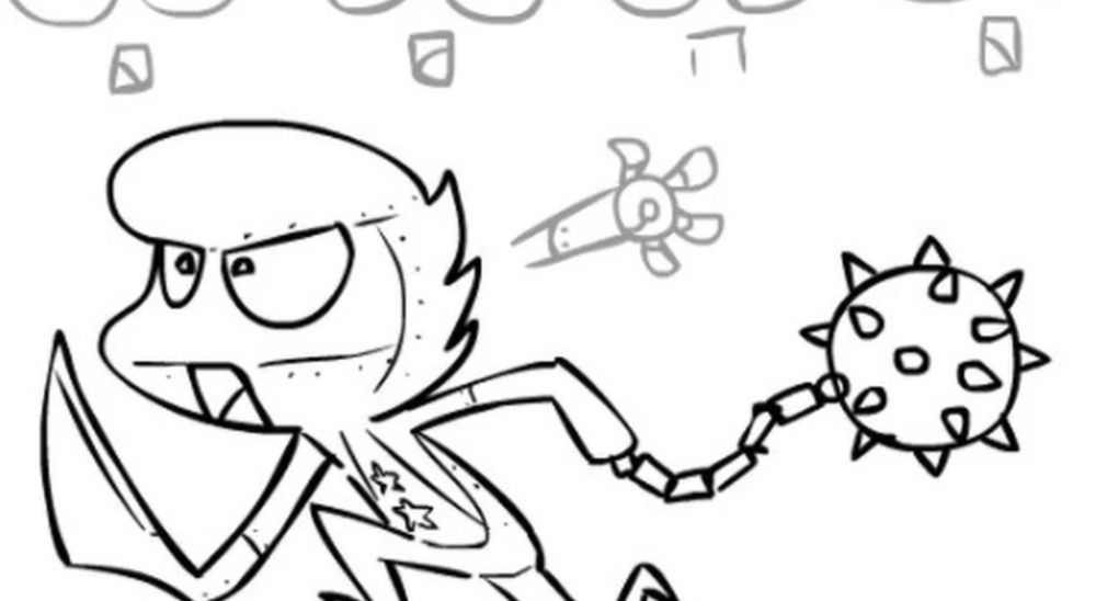 A drawing from Fedor Nechitailos VK page of a robot built by Kuromaku called whom the fandom named Kuromecha