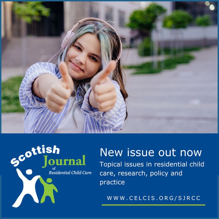 A graphic showing the front cover image for the new Scottish Journal of Residential Child Care, May 2025 edition, published by CELCIS.